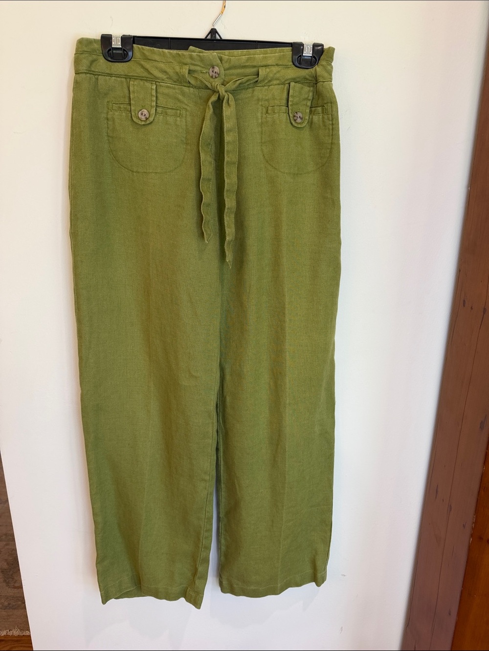 Charter Club Green Wide-Leg 100% Linen Pants, Tie Waist & Decorative Buttons, 4P